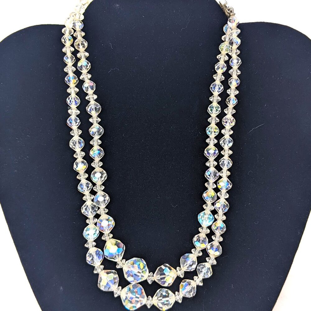 Vintage AB Clear Crystal Choker Necklace Bicone Bead 2 Strand 14 in Graduated